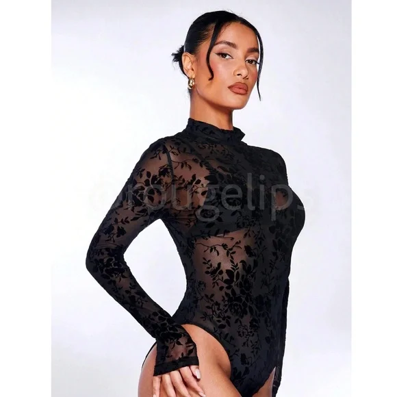 Black Mesh Lace Sheer Long Sleeve Bodysuit - Picture 8 of 14
